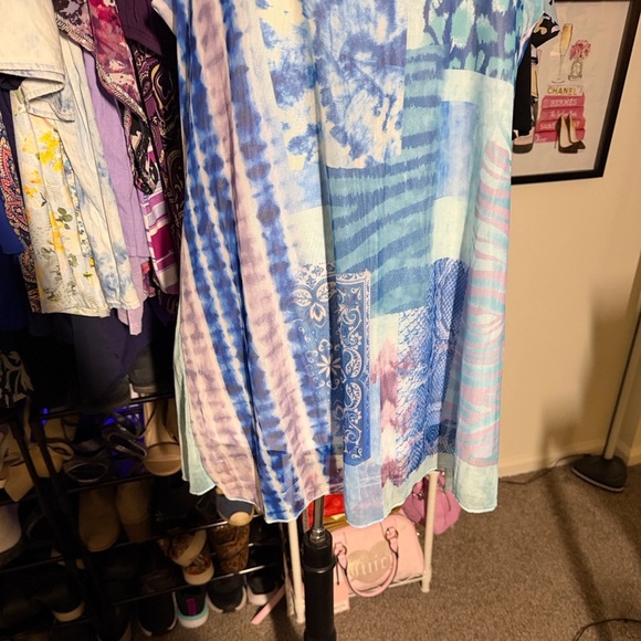 ONE WORLD Life and Let Live Blue and Pink Patchwork Layered Tunic Dress Cover up - Picture 4 of 8